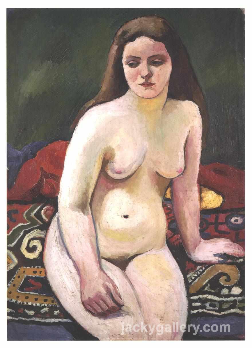 Female nude at a knited carpet, August Macke painting